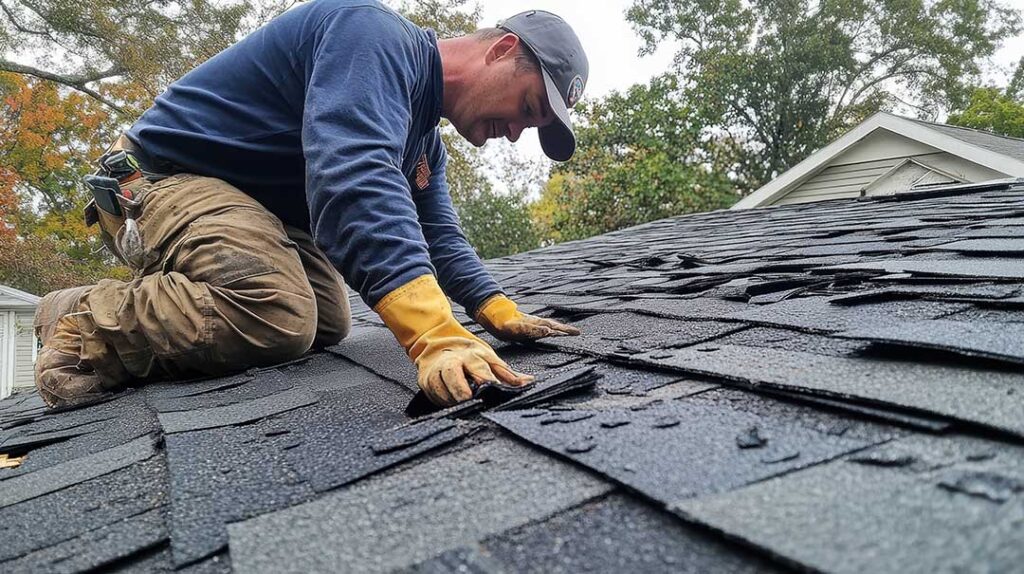 A damp attic with stained roof decking, wet insulation, and a ceiling leak below