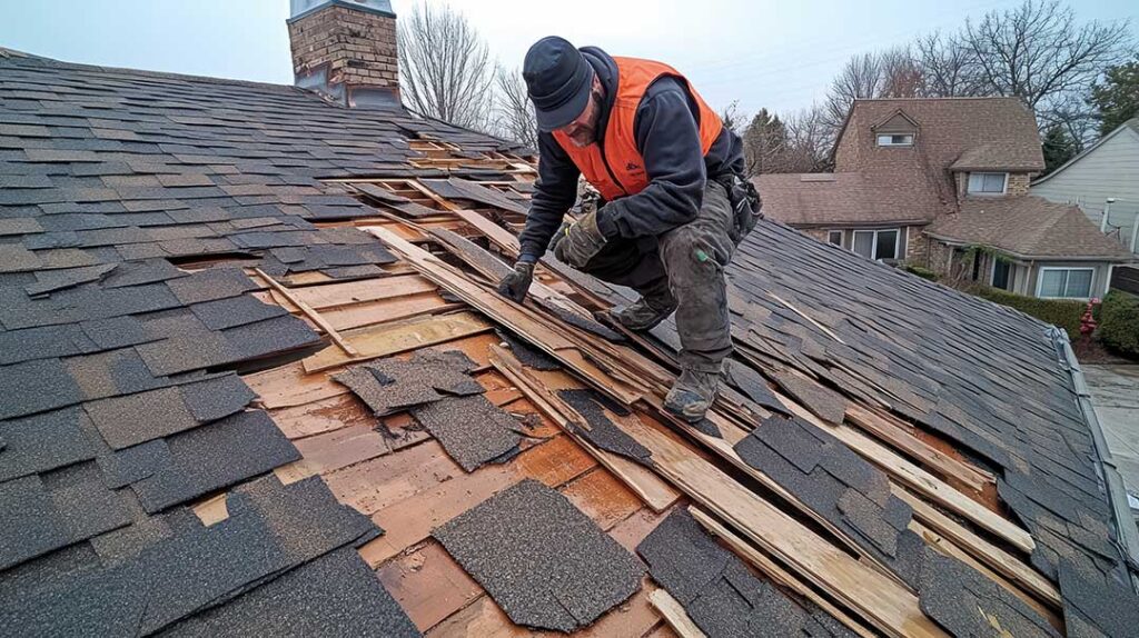 Light-colored roofing materials on a home with attic insulation and sunlight reflecting from the roof surface.