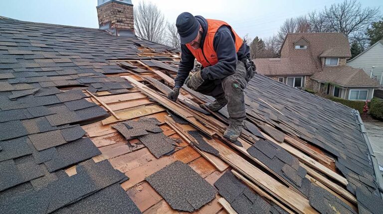 Light-colored roofing materials on a home with attic insulation and sunlight reflecting from the roof surface.